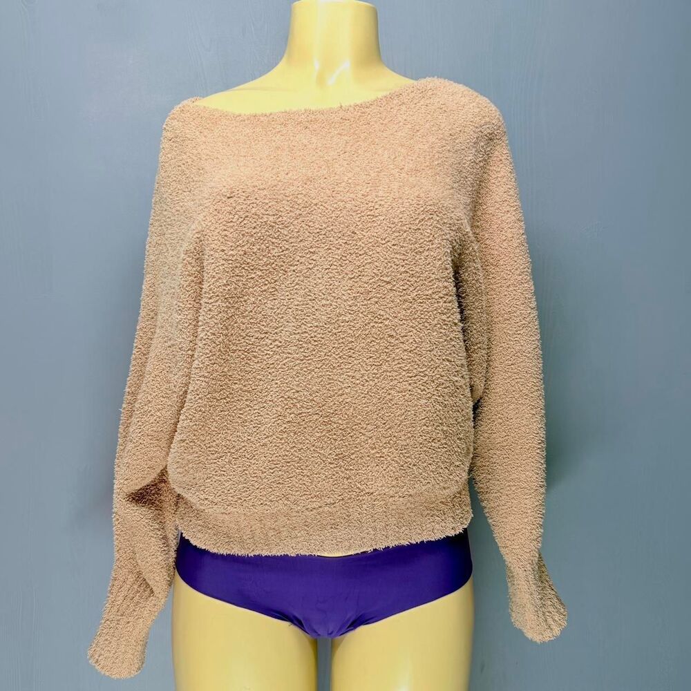 Sincerely Jules Beige Bouclé Sweater S | Effortless Off Shoulder Style